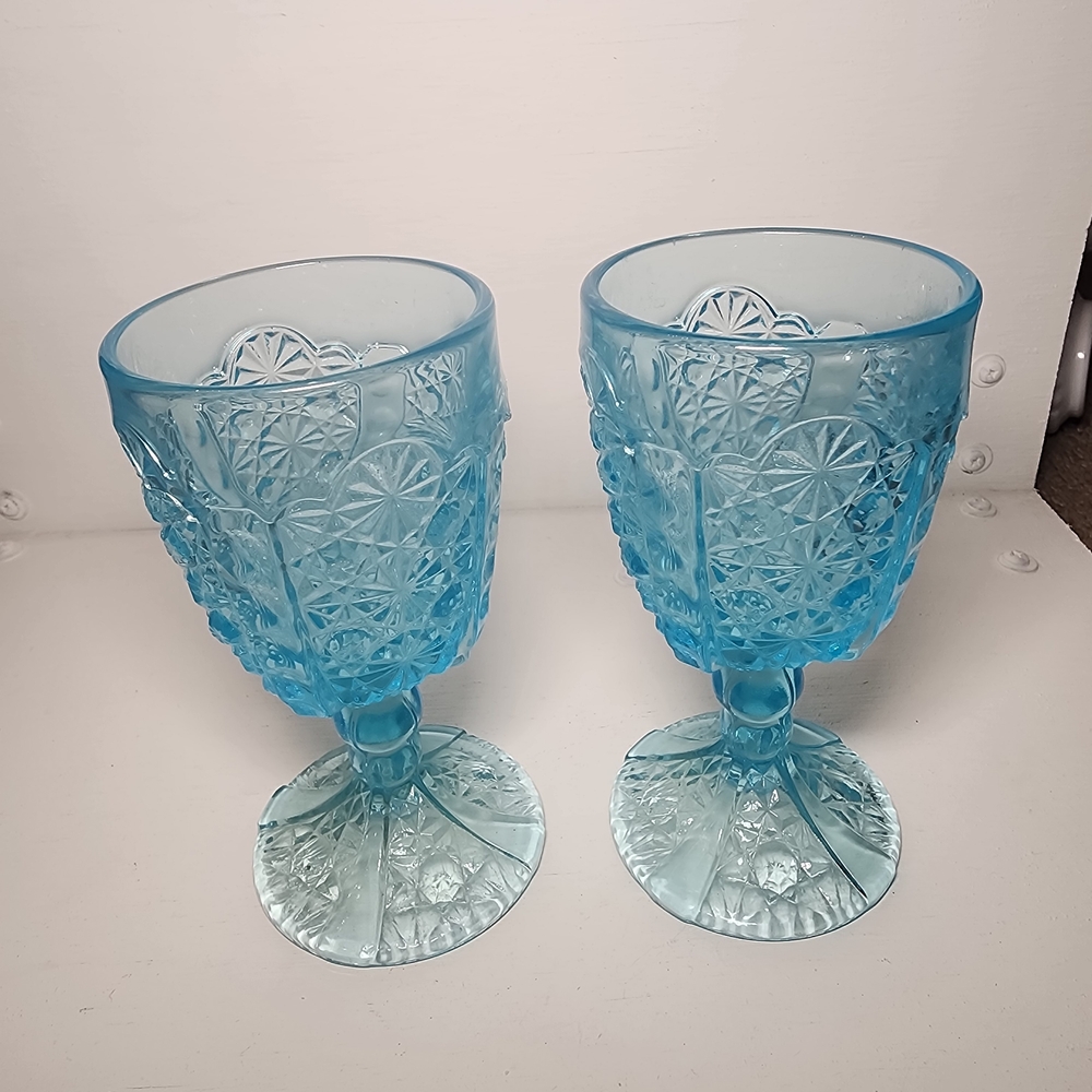 Vintage LG Wright Ice Blue Goblets In Daisy and Button Pattern